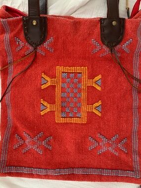 Sundance Catalog- Scully Embroidered Red Tote Handbag with Leather Handle Straps